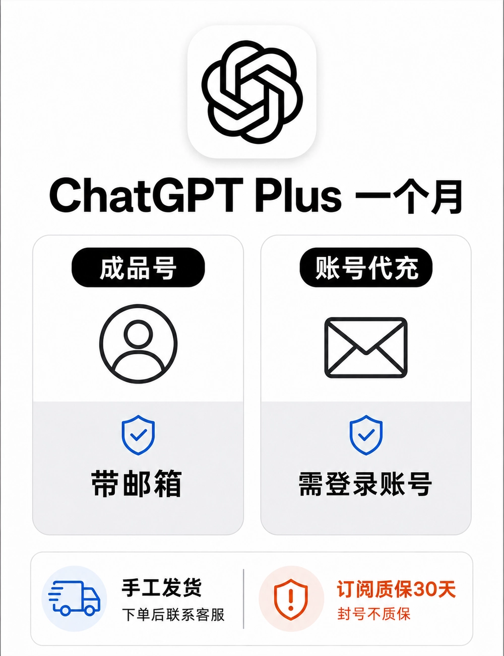 ChatGPT Plus 正规充值 | 成品号or代充一个月 | 手工发货｜质保订阅30天 不质保封号