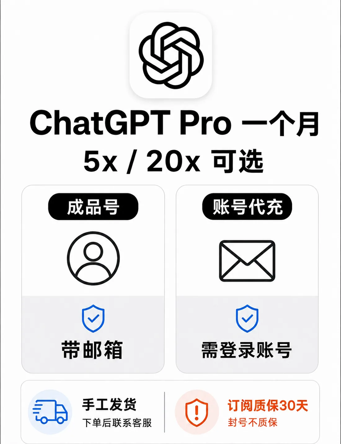 ChatGPT Pro一个月｜100刀/200刀规格可选｜独享成品号/账号代充｜订阅质保30天